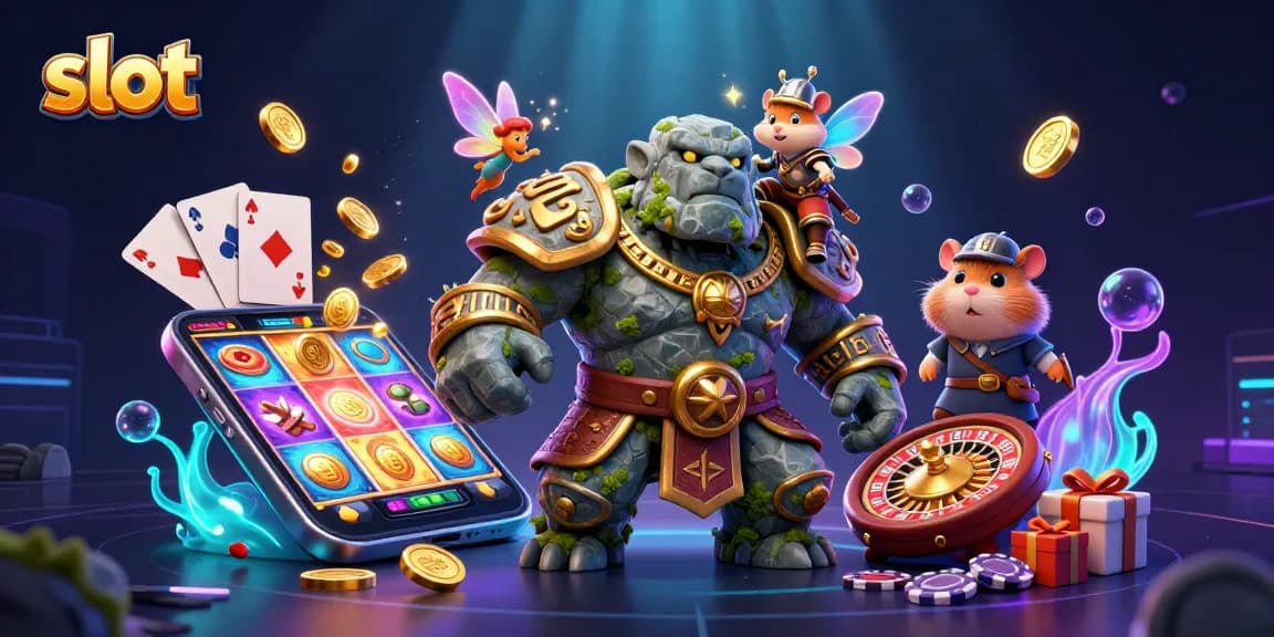 Experience thrilling slot action with a golem guardian, fairy, and hamster knight, among vibrant casino elements.