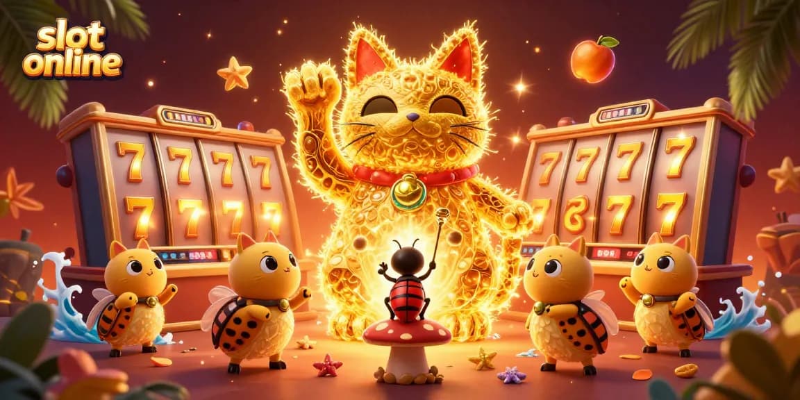 Slot online menampilkan kucing keberuntungan raksasa dari kunang-kunang emas dan simbol kasino meriah.