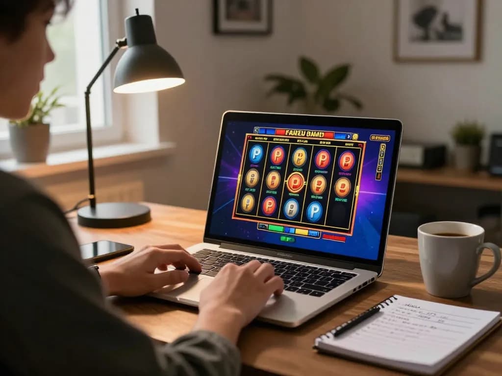 Engaging in online gaming at home, including indrabet login in the vibrant slot interface on the laptop.