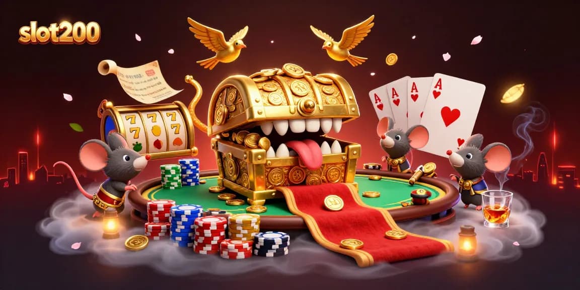 Slot200 menarik pemain dengan simbol keberuntungan dan peti harta karun berkilau.