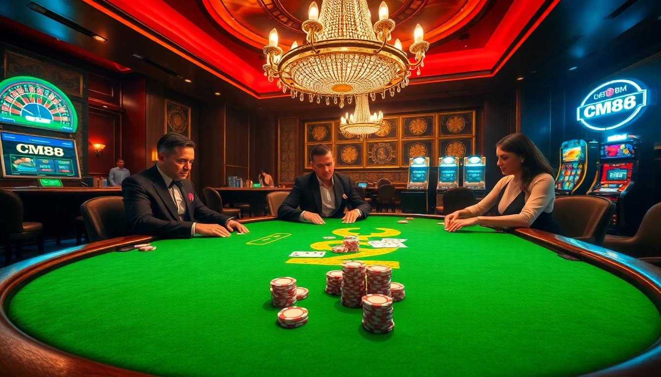 Experienced gamblers placing bets at a CM88 high-stakes poker table with vibrant chips and cards.
