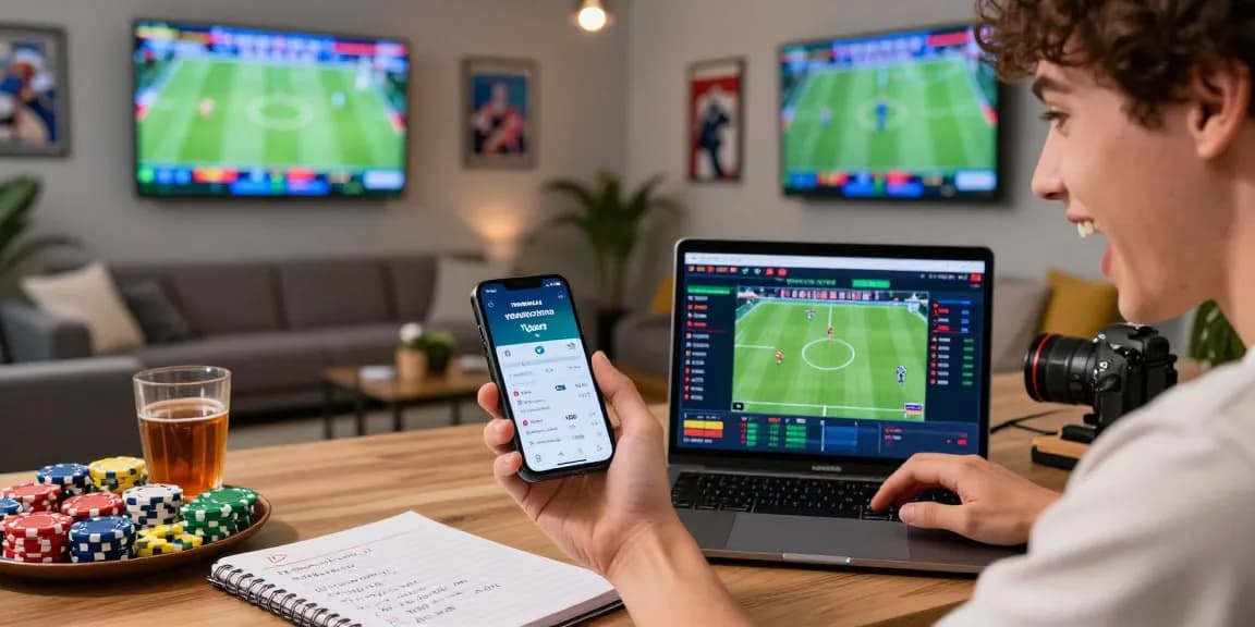 Excited bettor using TEMPOTOTO daftar on smartphone in vibrant sports lounge, surrounded by screens displaying live match statistics.
