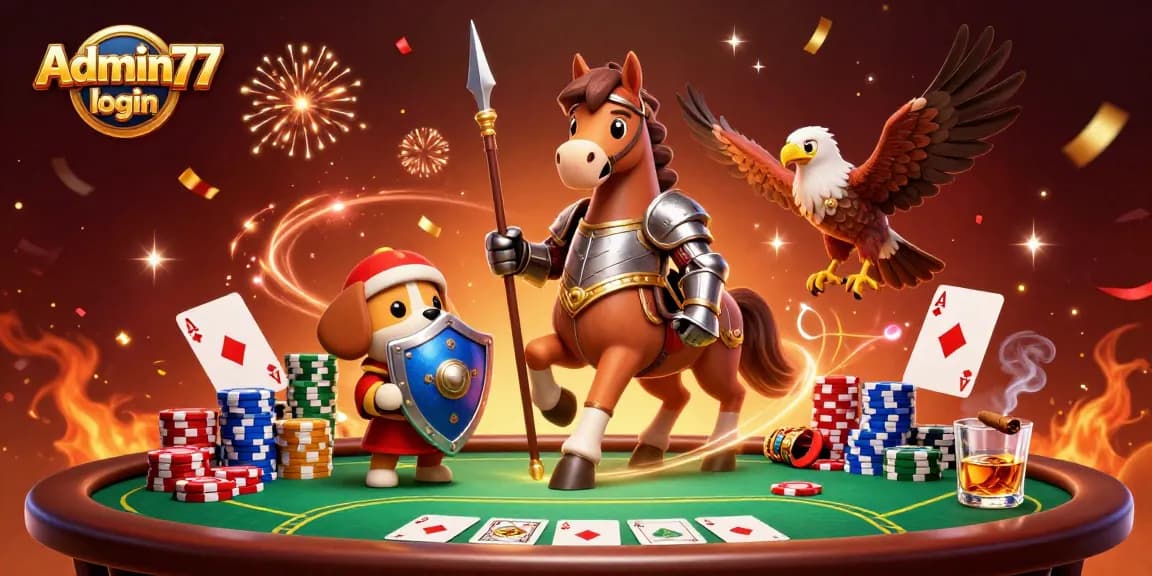 Engage in exciting gameplay with Admin77 login at a dynamic casino scene featuring knights and poker elements.