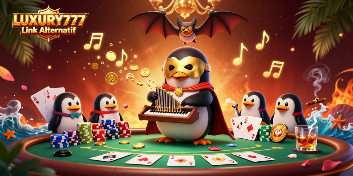 Menangkan permainan dengan LUXURY777 Link Alternatif dan lihat penguin phantom opera memainkan organ memasukkan koin emas.