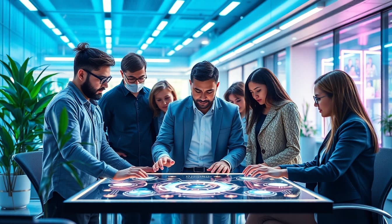 Team collaborating with AI Software tools in a futuristic workspace.