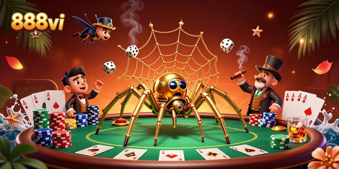 Engage in the thrilling world of 888vi as a steampunk spider captures dice in a web of casinos.