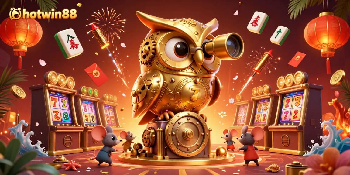 Experience the excitement of hotwin88 casino with a dynamic illustration of golden owl and game elements.