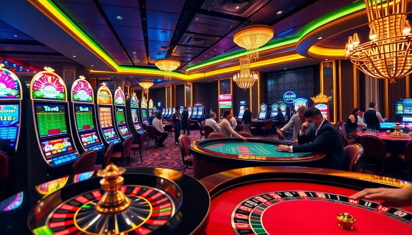 Exciting TG88 casino scene with players at slot machines and roulette table.