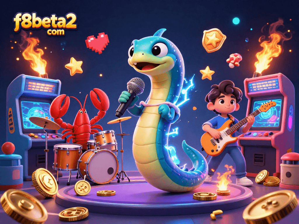 Engage with f8beta2 com at an underwater casino, featuring a 3D electric eel DJ with vibrant game elements.