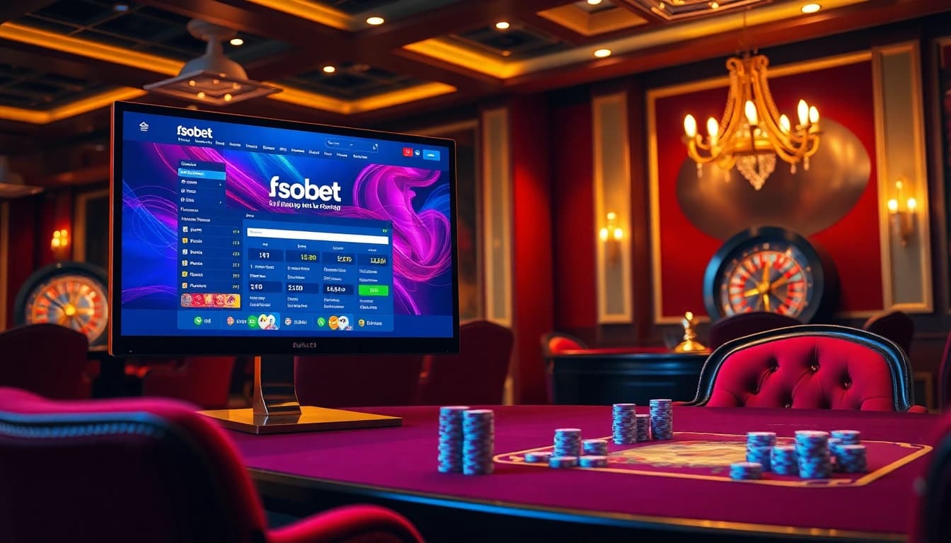 The sbobet login terbaru interface illuminated in a luxurious casino setting with poker chips and roulette wheel.