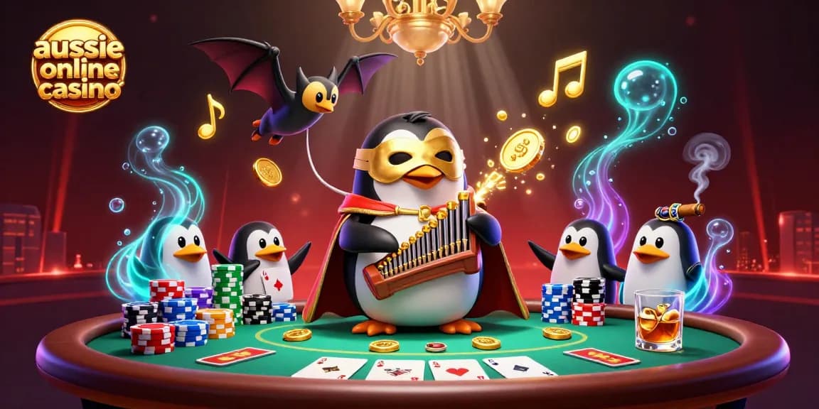 Aussie online casino scene featuring a whimsical penguin playing an organ that releases golden coins, with poker elements surrounding.