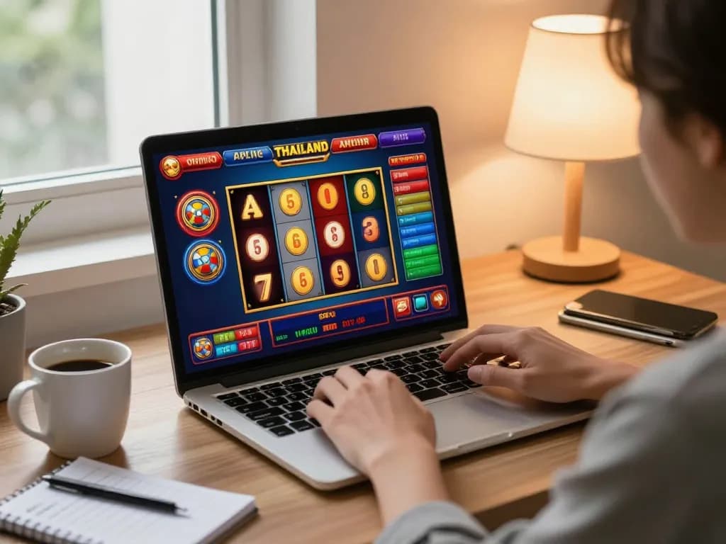 Engaging slot thailand gameplay displayed on a laptop in a cozy home setting