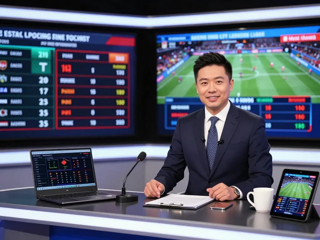 Dynamic broadcast about tin tức Mb66 updates in gambling, with presenter at news desk and high-tech graphics.
