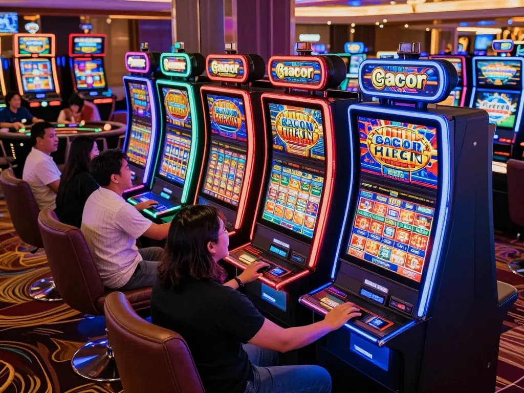 Players engaging with vibrant slot gacor hari ini machines in a colorful casino atmosphere.