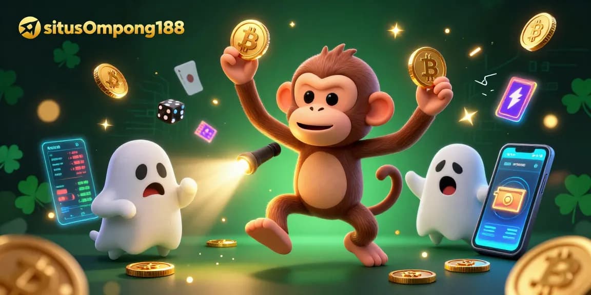 Gambarlah suasana situs Ompong188 dengan hantu yang penasaran dan koin berkilau di kasino.