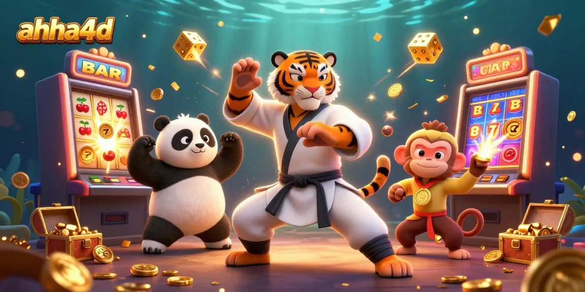 Spin the reels of ahha4d slot machines amid a vibrant scene of winning action and playful characters.