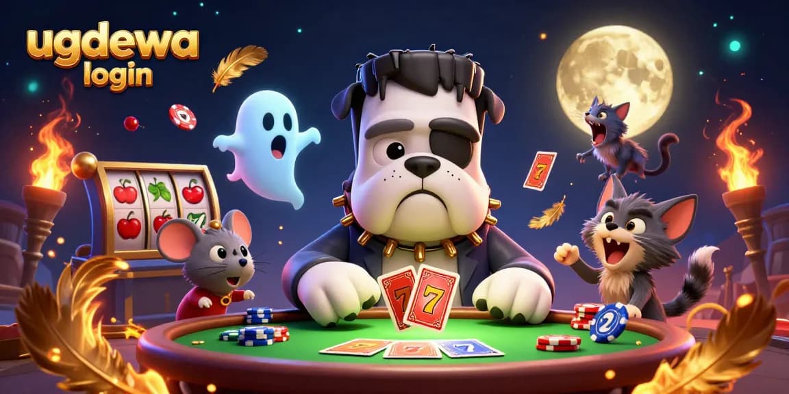 Engage with the ugdewa login as a 3D cartoon Frankenstein bulldog deals cards at a vibrant casino table.