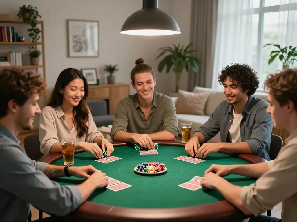 IDNSCORE poker night with friends at home, showcasing competitive and social gaming atmosphere.