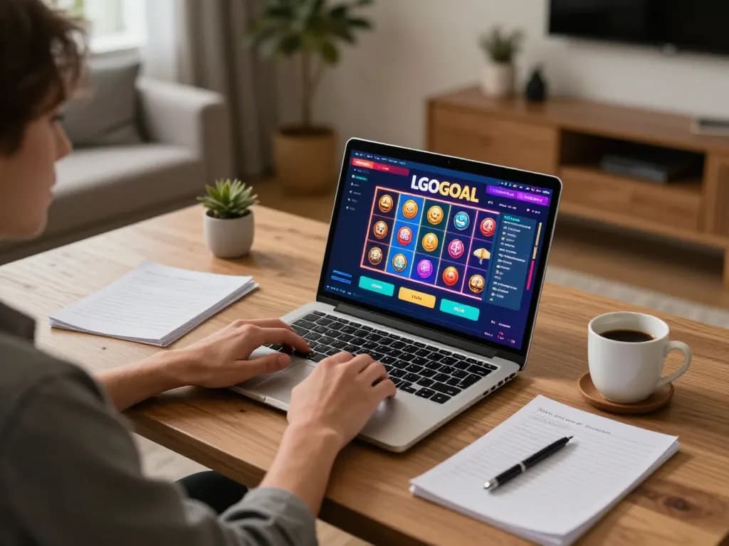 Player engaging with LGOGOAL's online slots at home, promoting responsible gaming