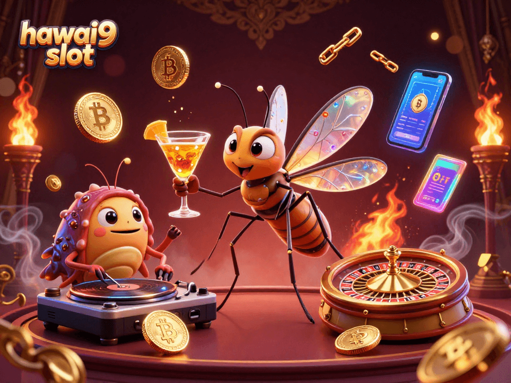 Engage with the hawai9 slot experience featuring a lively casino scene with unique 3D characters and vibrant game elements.