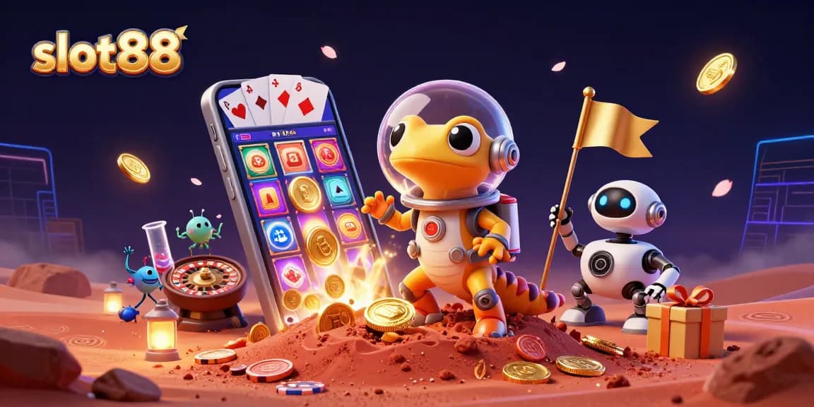 Slot88 showcases a Martian gecko winning big at a casino on Mars, surrounded by thrilling game elements.
