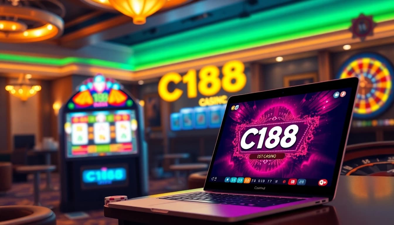 Engaging players at the C168 game online with vibrant slot machines and casino props.