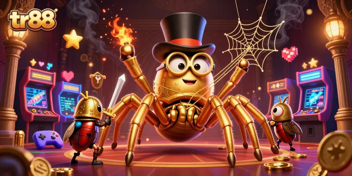 Experience thrilling gaming at tr88 with a vibrant scene featuring a spider and a knight in a casino