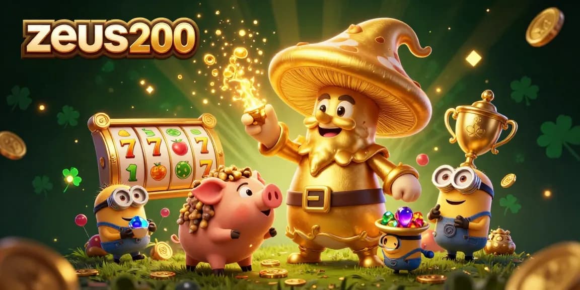 zeus200 membawa keberuntungan dalam permainan slot dengan tongkat sihirnya dan emas berkilau.