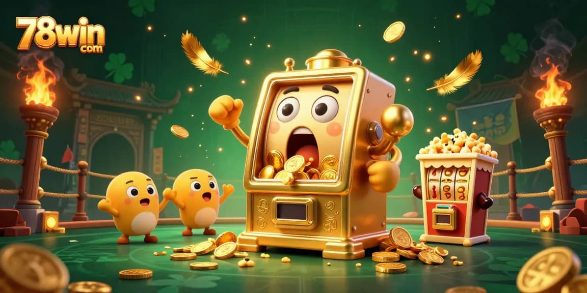 Experience the excitement at 78win com as golden slot machines celebrate hitting jackpots with coins pouring out.