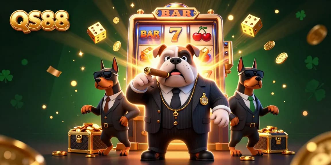 Win big with QS88 as a cartoon mafia boss and bodyguards surround a jackpot explosion of coins and treasures.