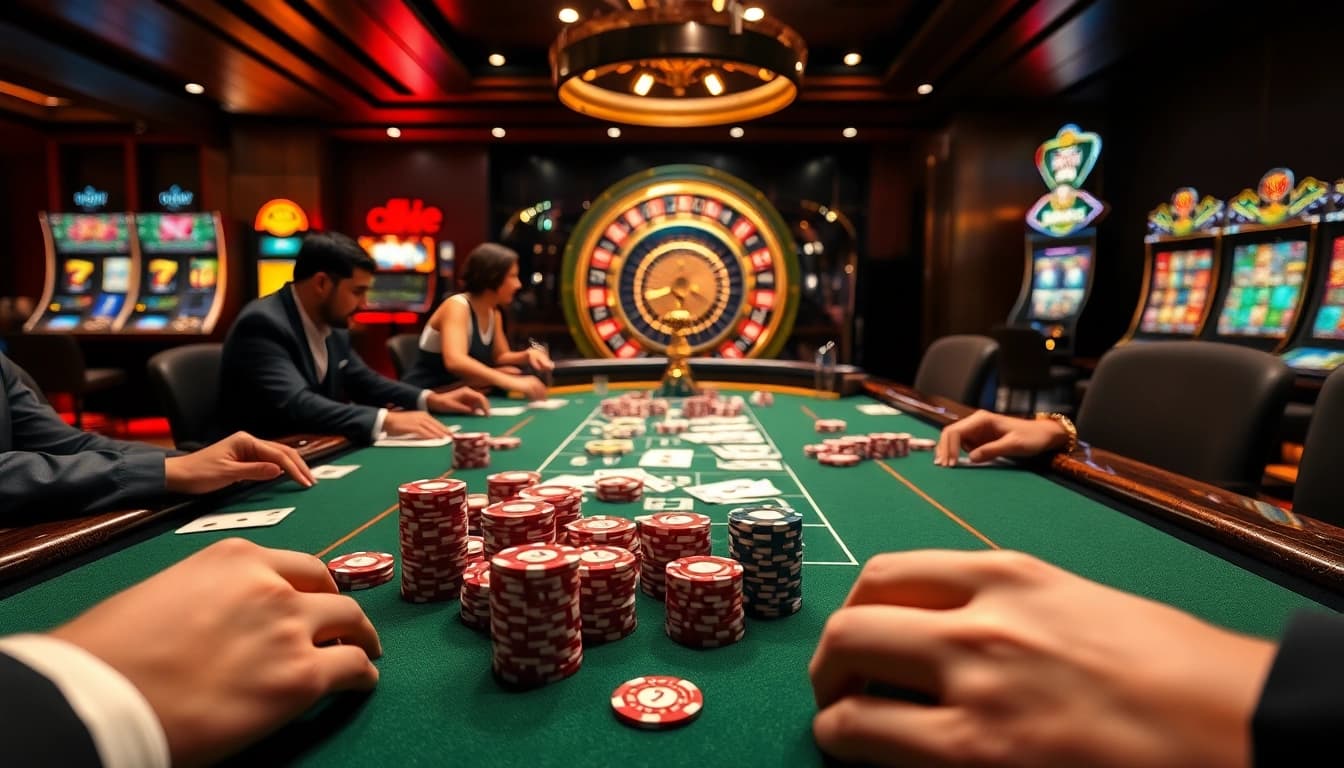 Experience the thrill of betting with poker tables and roulette wheels at https://xx88.lol/, showcasing exciting casino graphics.