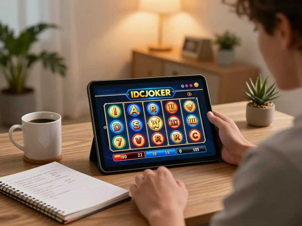 IDCJOKER gaming experience on a tablet in a cozy home setup, emphasizing responsible gaming and strategies.