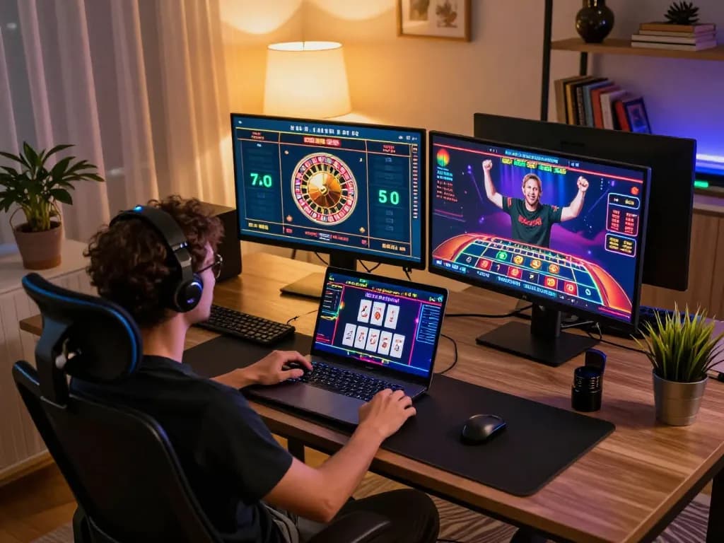 Player enjoying fabet online casino gaming on multiple screens, celebrating a win.