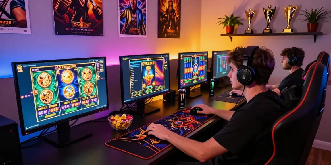 Engaged player enjoying situs slot games at a sleek gaming desk with multiple screens and vibrant graphics.