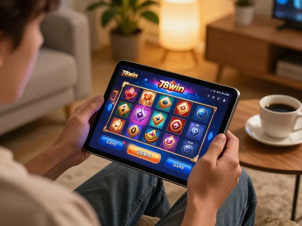 Engaging with the 78win casino app at home, enjoying a cozy online gaming session.