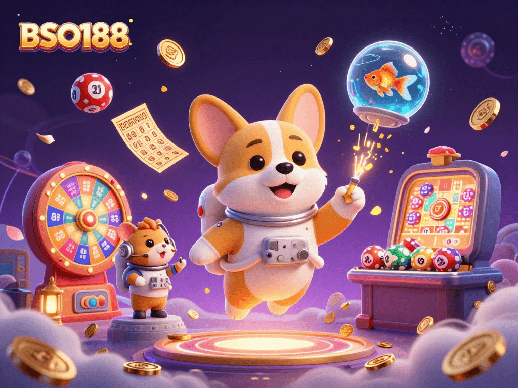 BSO188 promotes fun in a vibrant space casino with drifting lottery balls and a playful corgi.