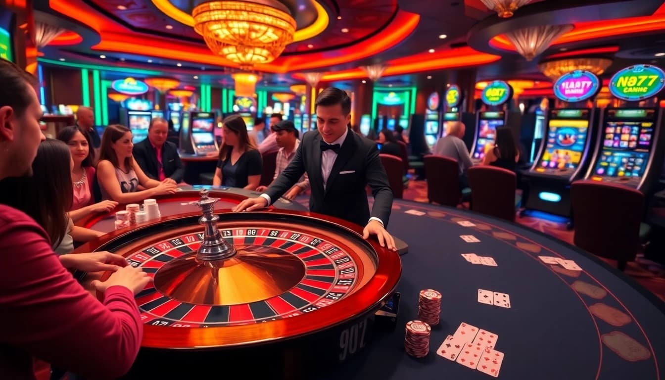 Exciting gambling scene at NA777 with players at a roulette table and vibrant casino elements.