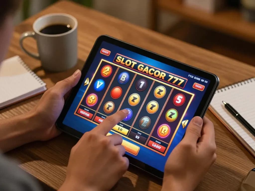 Engaging online gameplay of SLOT GACOR 777 on a tablet, showcasing dynamic graphics and cozy home environment.