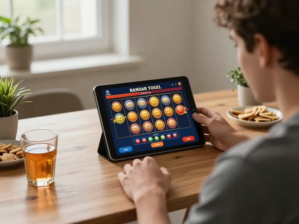 Pemain yang terlibat menganalisis Bandar Togel Slot di tablet dengan pengaturan kantor rumah yang nyaman.