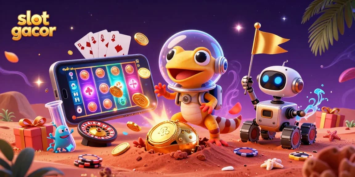 Mainkan slot gacor dengan gecko Mars dan robot di kasino emas yang tertutup pasir merah.