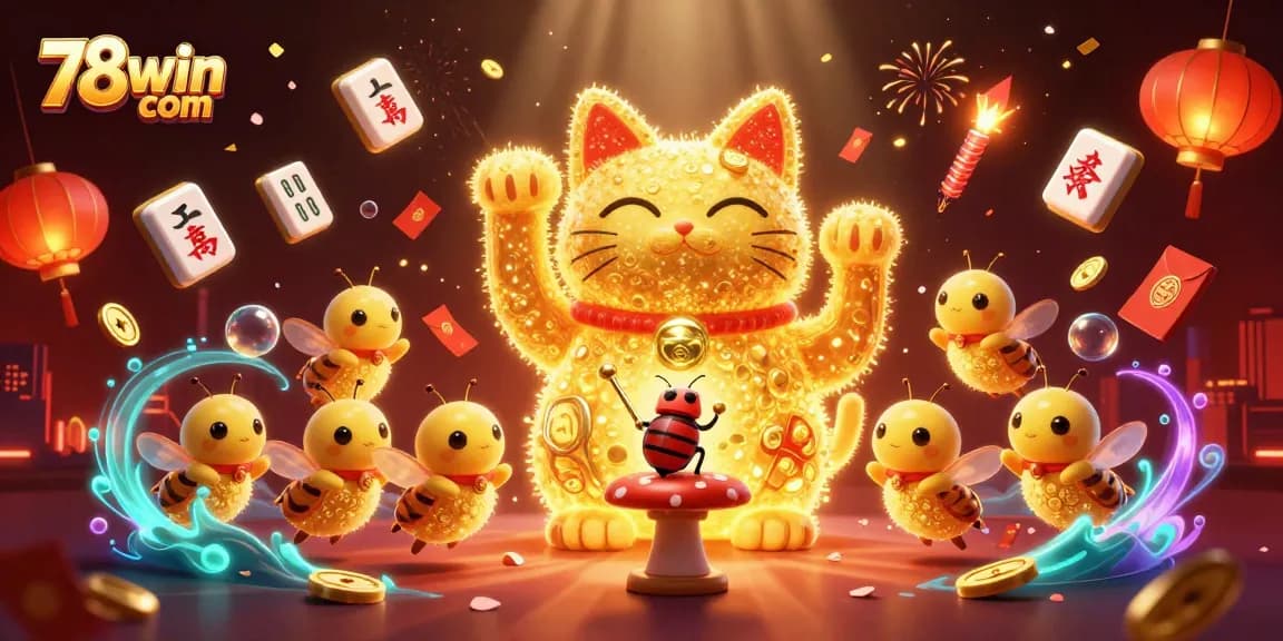 Experience the vibrant world of 78win com with an enchanting scene of a lucky cat and casino symbols.
