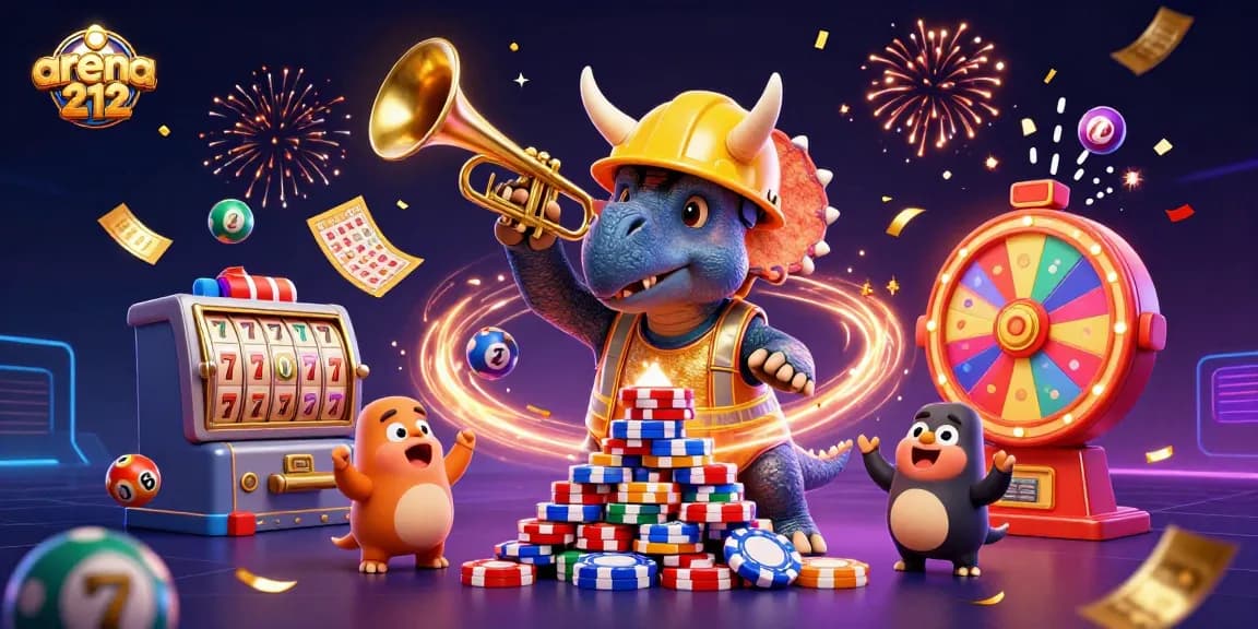 arena212 memberikan pengalaman berjudi yang menyenangkan dengan triceratops yang membangun kasino dan bola lotere berwarna-warni yang berbunyi.