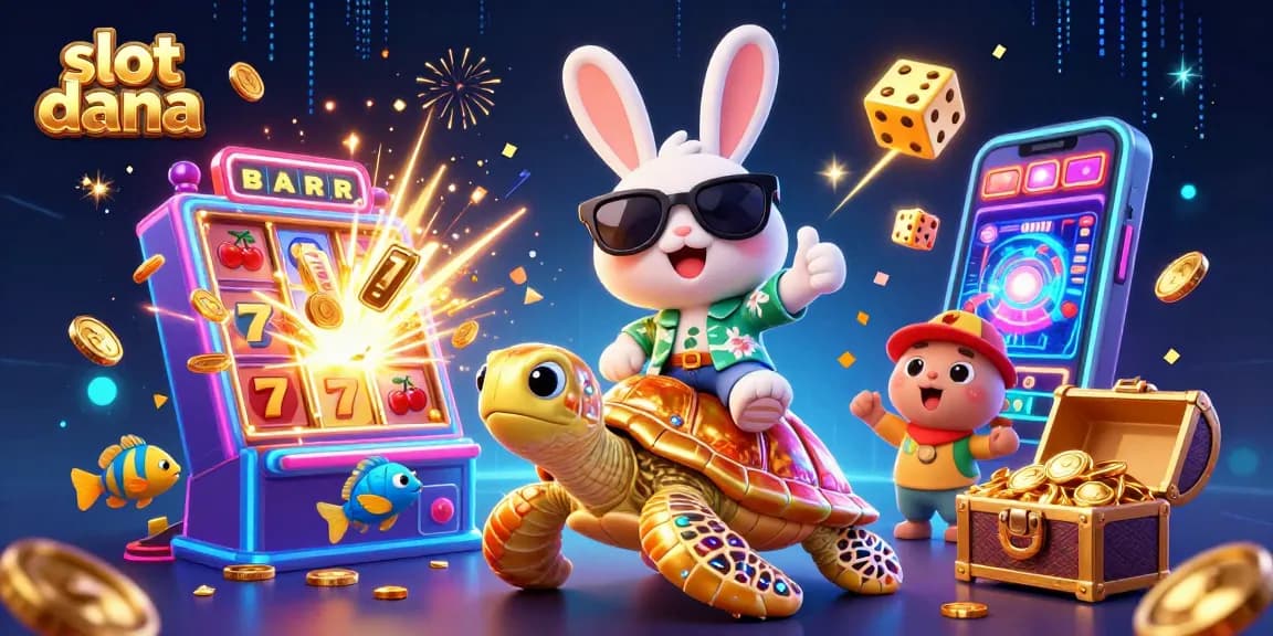 Spin and win with slot dana, featuring a lucky rabbit and a golden sea turtle in a vibrant casino setting.