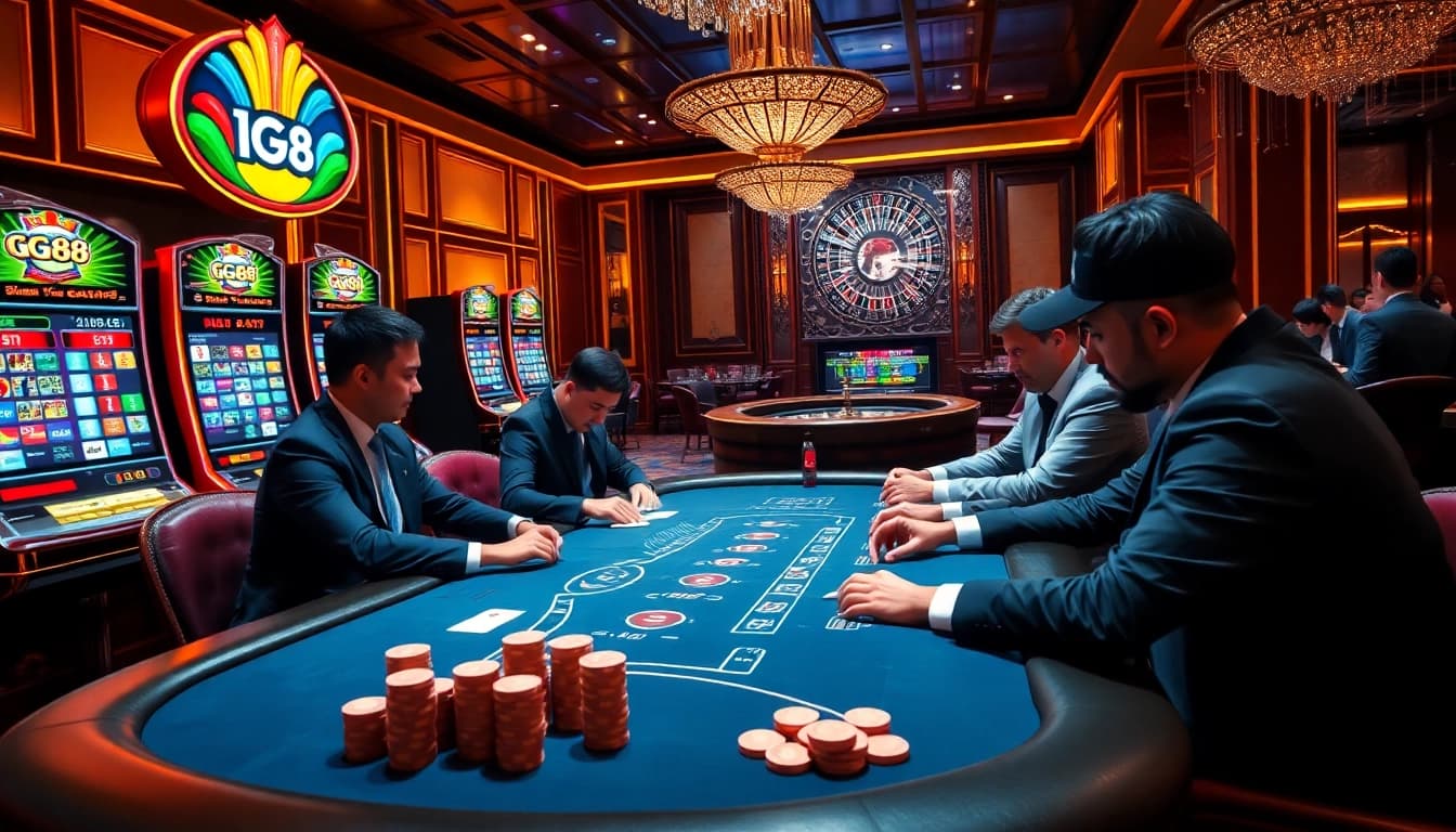 GG88 casino scene featuring exciting poker action and vibrant slot machines.