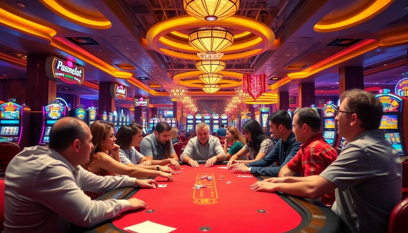 Arus Hoki dalam suasana kasino yang meriah, menampilkan pemain poker bersemangat.