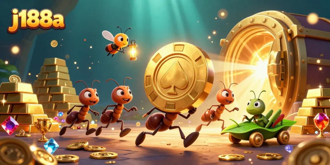Engage with j188a's dynamic heist scene featuring ants and a grasshopper in a vibrant casino setting.