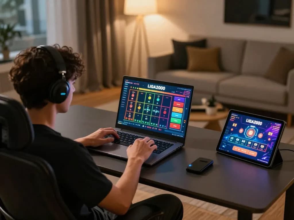 LIGA2000 online gaming setup showcasing a user engaged with a laptop and tablet, integrating strategy and leisure.