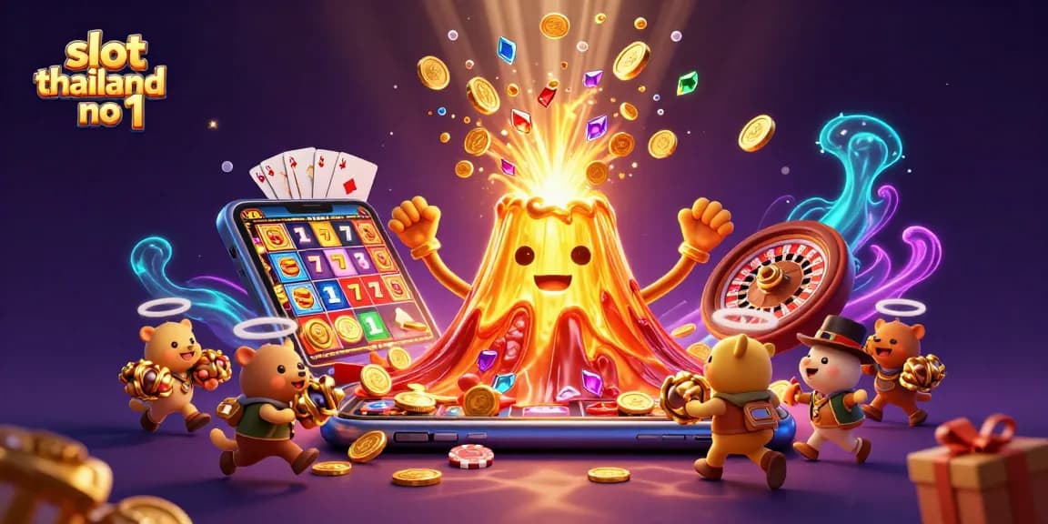 Experience thrilling wins with slot thailand no 1 as gold coins erupt from the volcano in a vibrant casino scene.