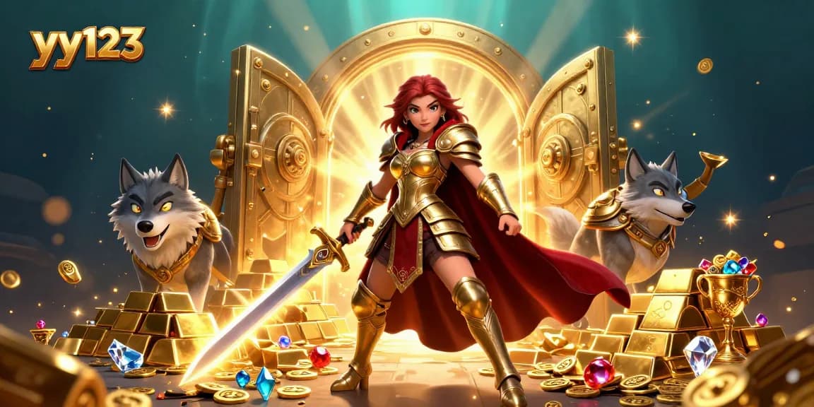 Experience thrilling gameplay with yy123, featuring a warrior queen and her armored wolf companion, surrounded by treasure.