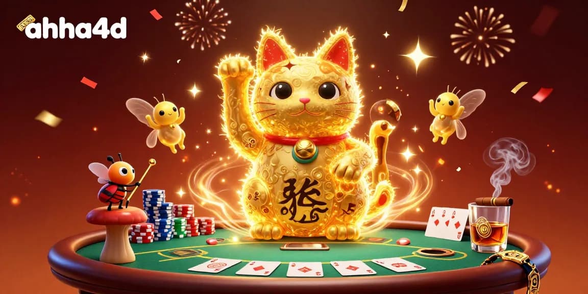 Bet on ahha4d with a vibrant 3D illustration of a golden cat, poker chips, and festive casino elements.